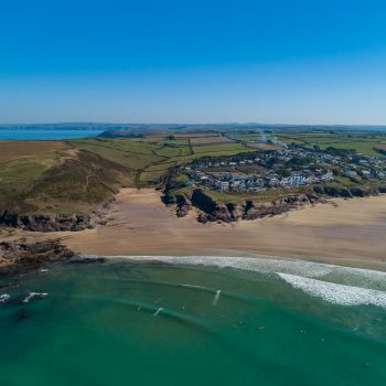Aerial view of Polzeath Beach and Baby Bay