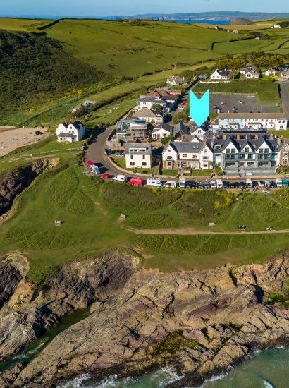 Aerial view of Hillcote, a self-catering holiday home in Polzeath, North Cornwall