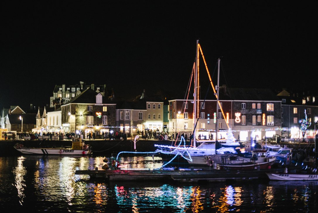 Christmas lights in the harbour at Padstow