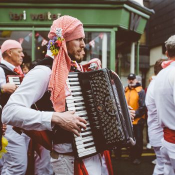 Accordion player at May Day, Padstow